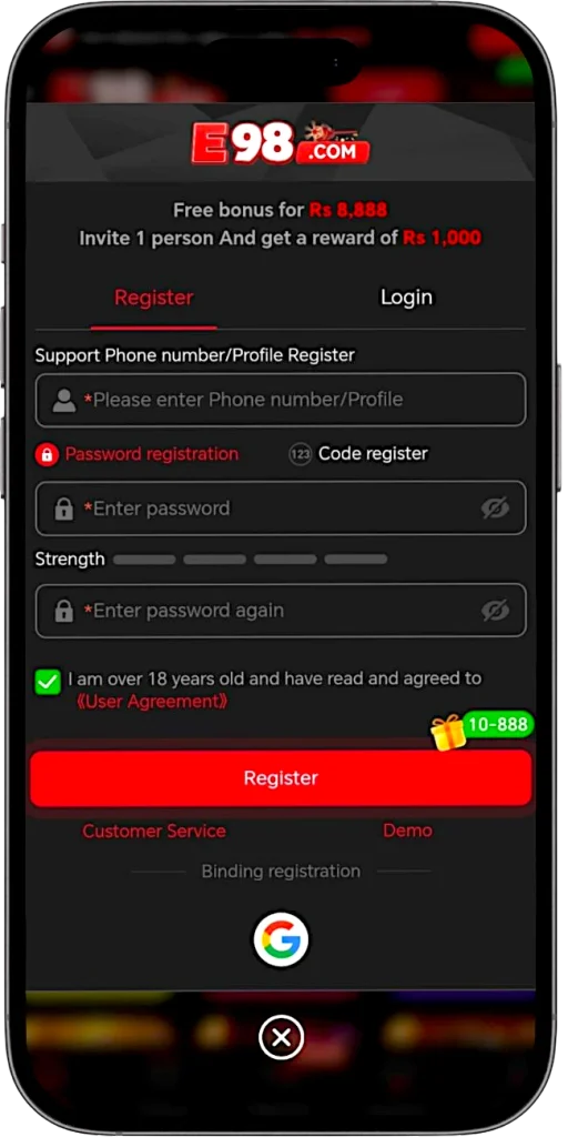E98 Game registration and login process