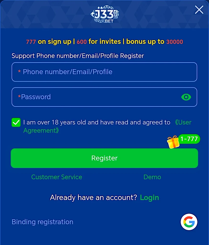 j333 game register image