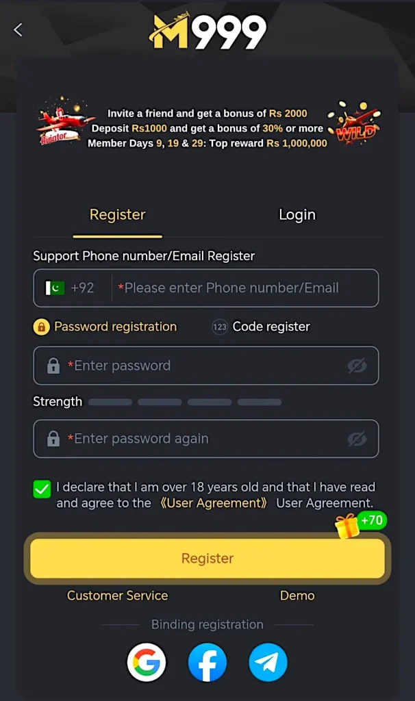 M999 Game registration and sign up for casino gaming