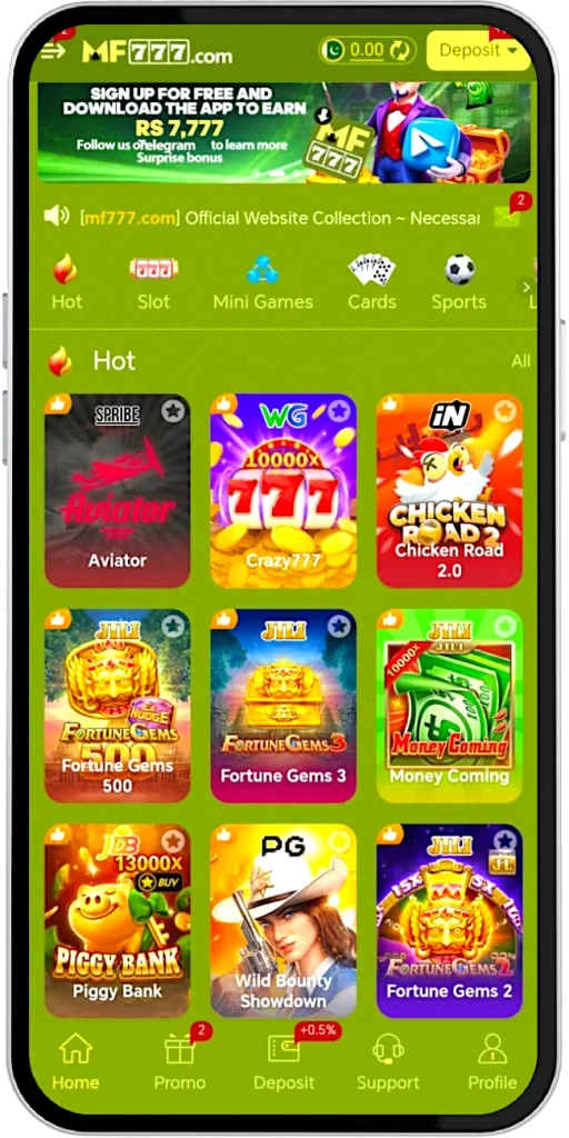 MF777 Game mobile gaming app dashboard in Pakistan.