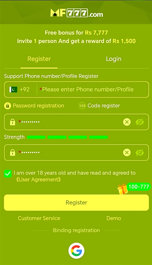 MF777 Game registration screen showing account sign-up fields on an Android phone