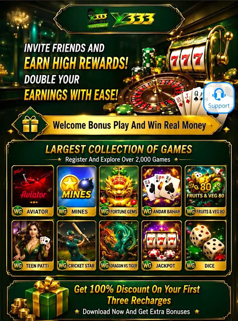 Y333 Game home lobby with slots, cards, and fishing game categories and bonuses.