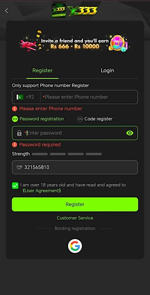 Step-by-step Y333 Game registration with mobile number and OTP