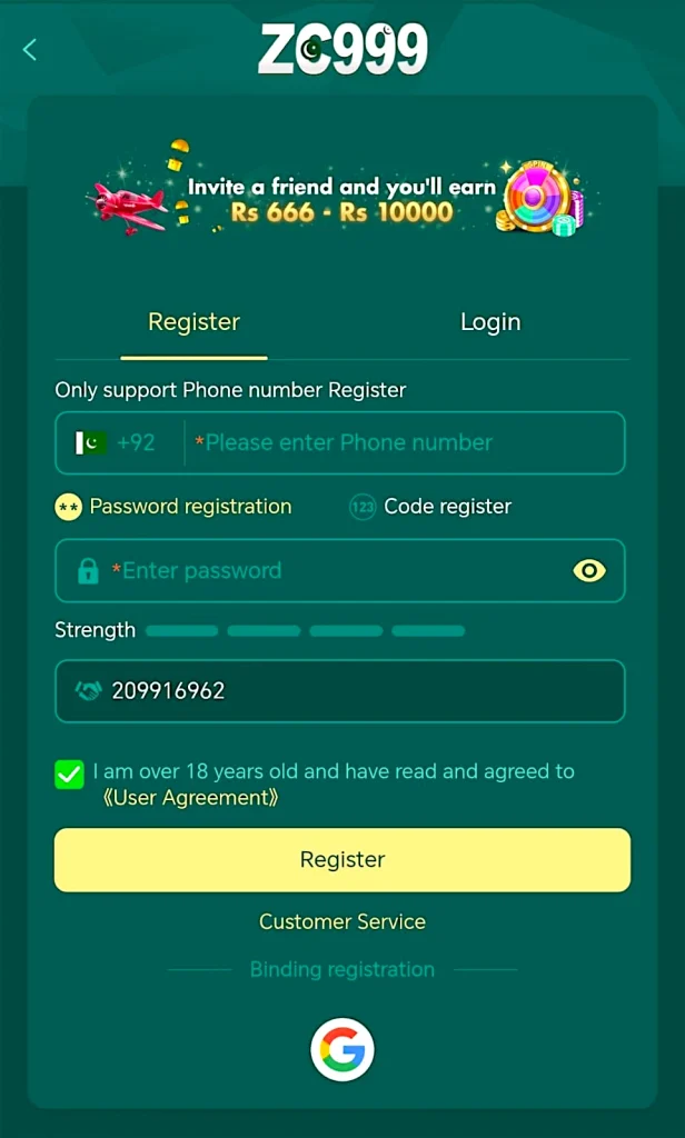 ZC999 Game registration and sign up page for Pakistani users